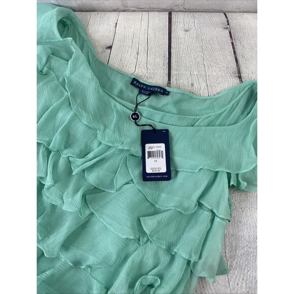 Ralph‎ Lauren Mint Green Top Blue Label SSKIR SP2P 100% Silk Ruffle Sz 12 - Picture 1 of 9